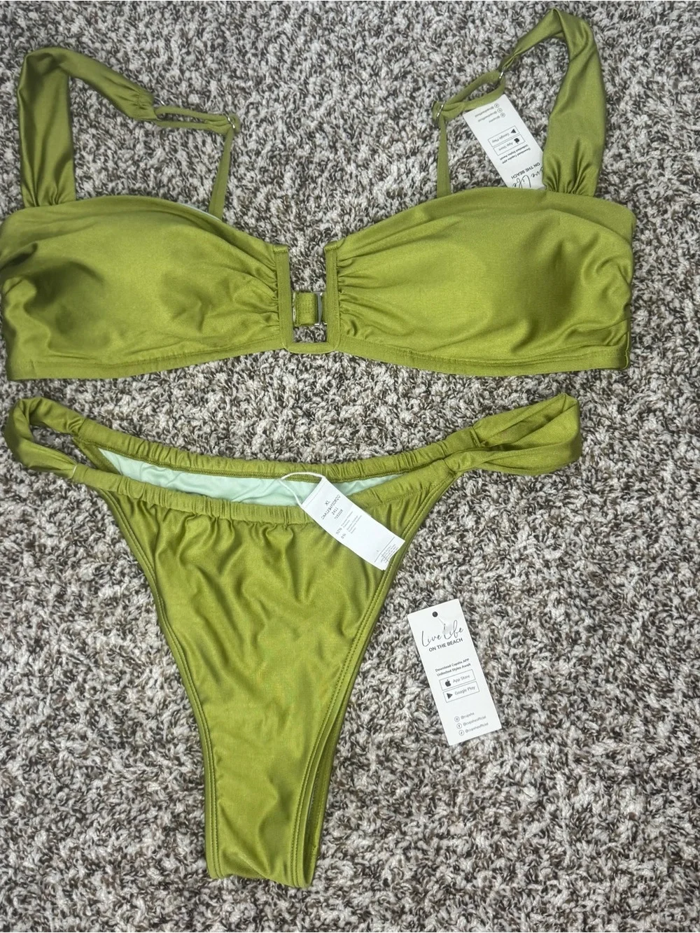Cupshe x JoJo Tulum U-Wire Bikini Set XL NWT Metallic Olive High Leg Swimwear